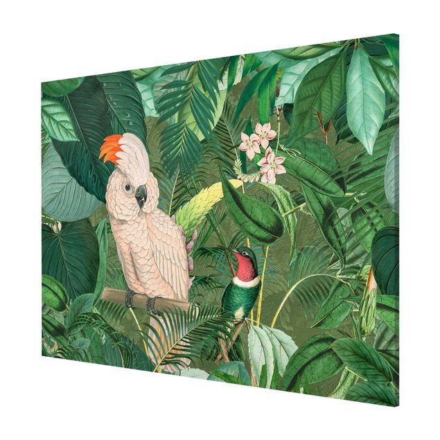 Magnettafel Blumen Vintage Collage - Kakadu und Kolibri