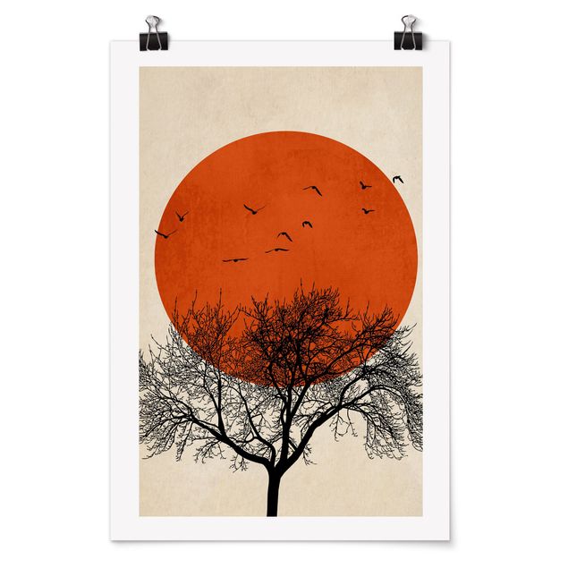 Tiere Poster Vogelschwarm vor roter Sonne II