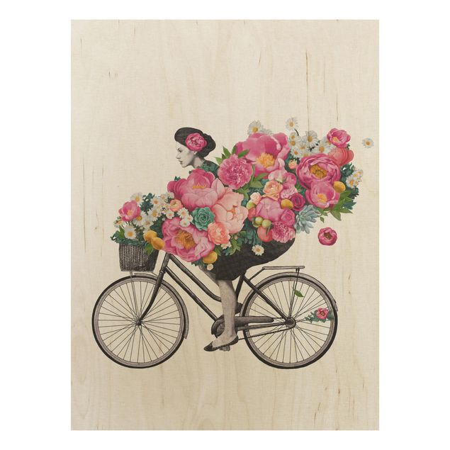 Holzbild - Illustration Frau auf Fahrrad Collage bunte Blumen - Hochformat 4:3