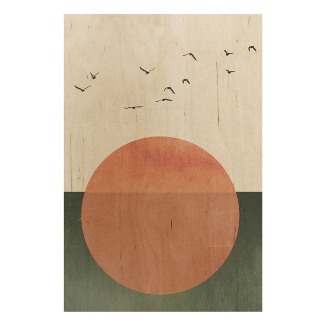 Moderne Holzbilder Vogelschwarm vor aufgehender Sonne