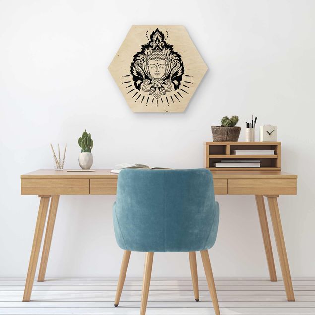 Hexagon Bild Holz - Lotus mit Buddha