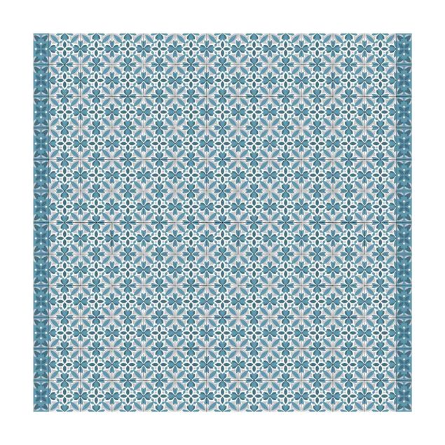 Moderner Teppich Geometrischer Fliesenmix Blüte Blaugrau