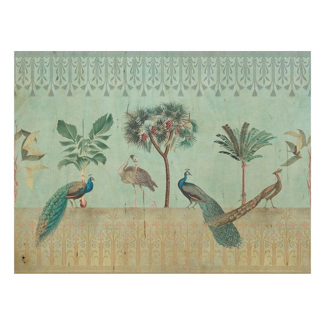 Holzbilder mit Blumen Vintage Collage - Tropische Vögel mit Palmen