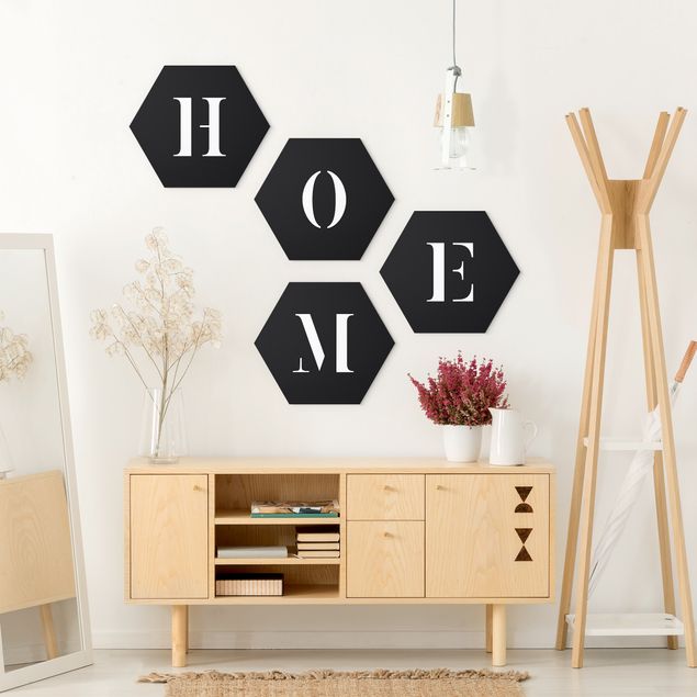 Hexagon Wandbilder Buchstaben HOME Weiß Set II