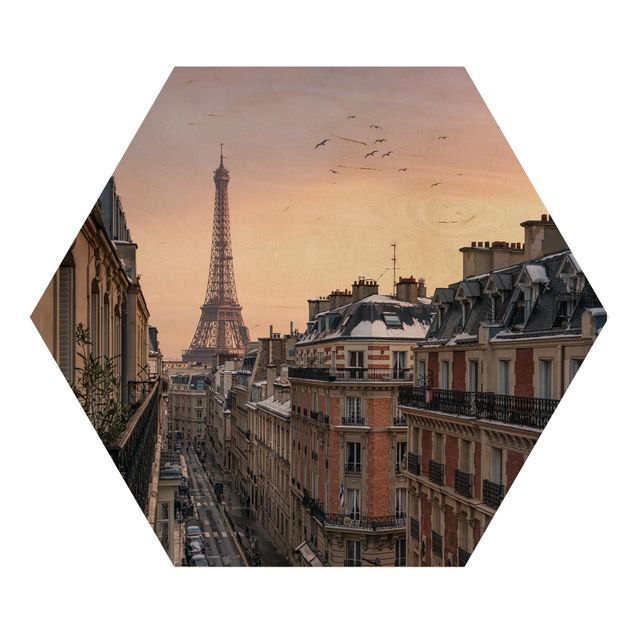 Hexagon Bild Holz - Eiffelturm bei Sonnenuntergang