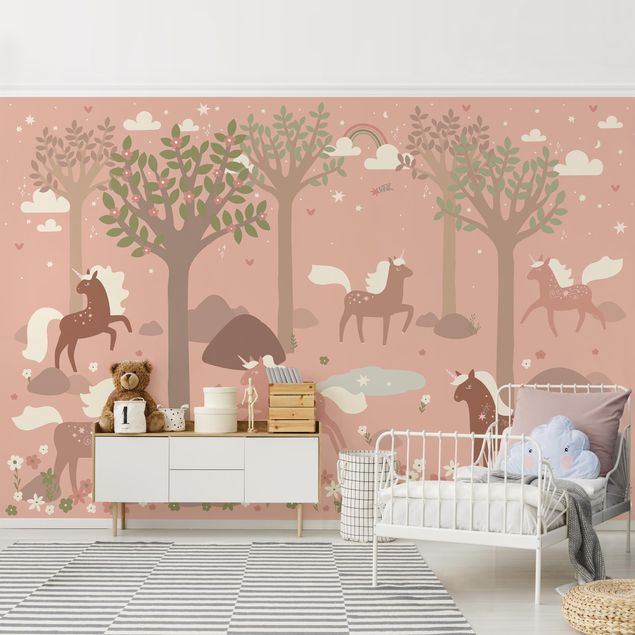 Kinderzimmer Tapete Tiere Einhörner im rosa Wald