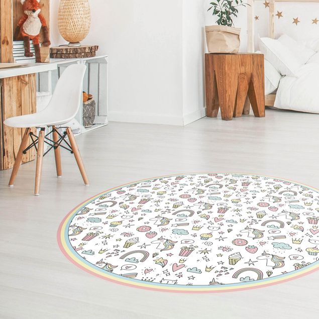 Moderne Teppiche Einhörner und Süßes in Pastell mit Rahmen