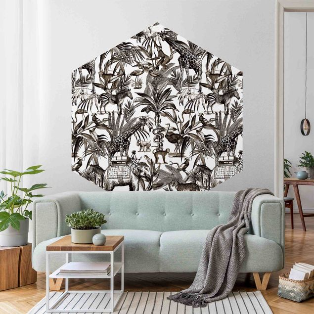 Hexagon Mustertapete selbstklebend - Elefanten Giraffen Zebras und Tiger Schwarz-Weiß mit Braunton