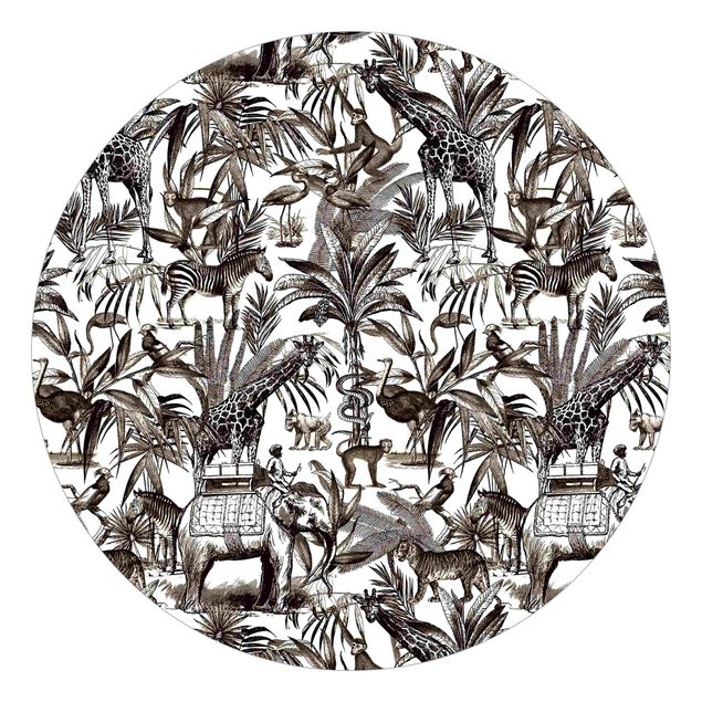 Runde Tapete selbstklebend - Elefanten Giraffen Zebras und Tiger Schwarz-Weiß mit Braunton