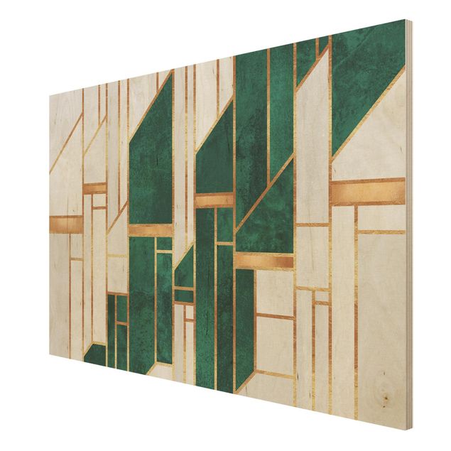 Holzbild - Emerald und Gold Geometrie - Querformat