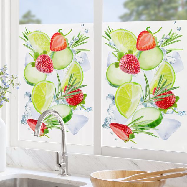 Fensterfolie Farbig Erdbeeren Limetten Eiswürfel Splash