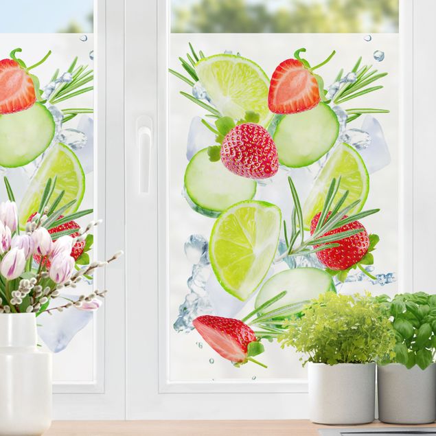 Fensterfolie Wohnzimmer Erdbeeren Limetten Eiswürfel Splash