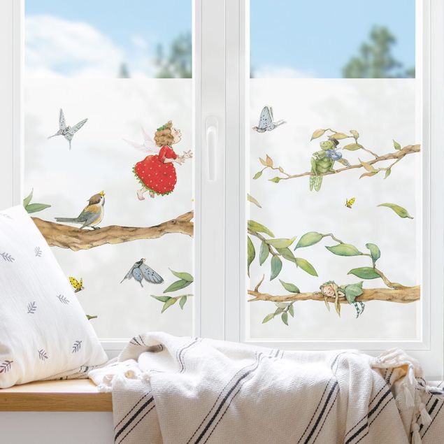 Fensterfolie Vögel Erdbeerinchen Erdbeerfee - Mit Baumfee und Heupferd