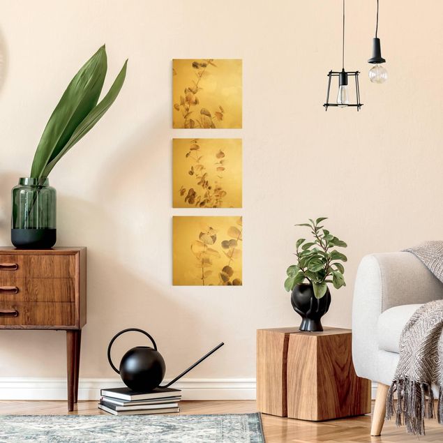 Wandbilder Wohnzimmer modern Eukalyptuszweige in Gold