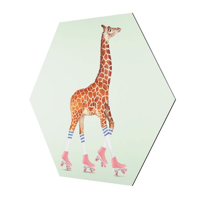 Hexagon Bild Alu-Dibond - Jonas Loose - Giraffe mit Rollschuhen