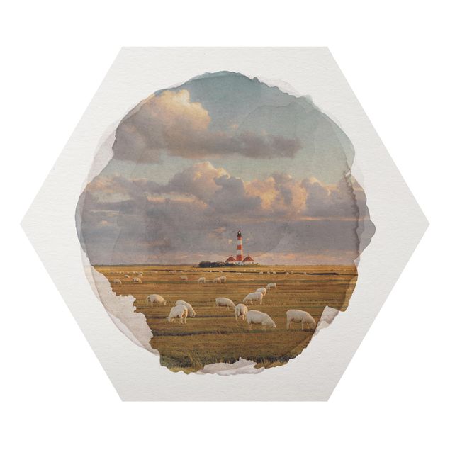 Hexagon Bild Alu-Dibond - Wasserfarben - Nordsee Leuchtturm mit Schafsherde