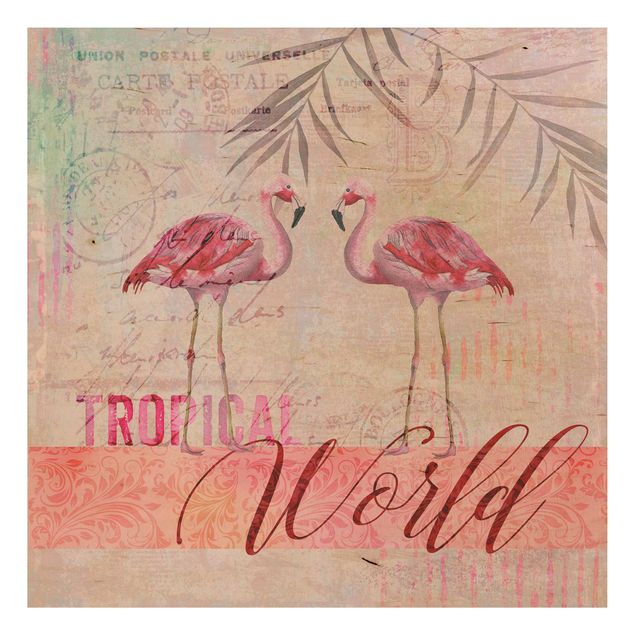 Holzbild Blumen Vintage Collage - Tropical World Flamingos
