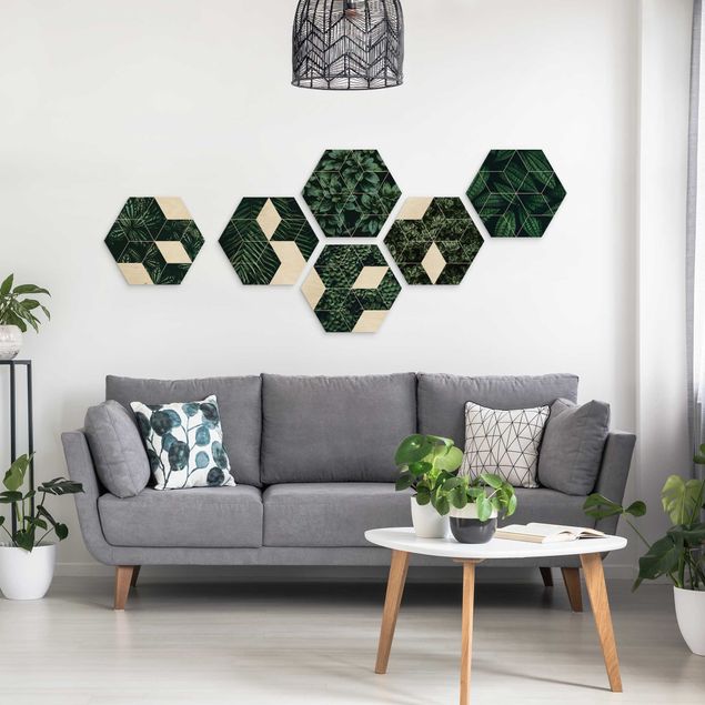 Hexagon Bild Holz 6-teilig - Grüne Blätter Geometrie Set II