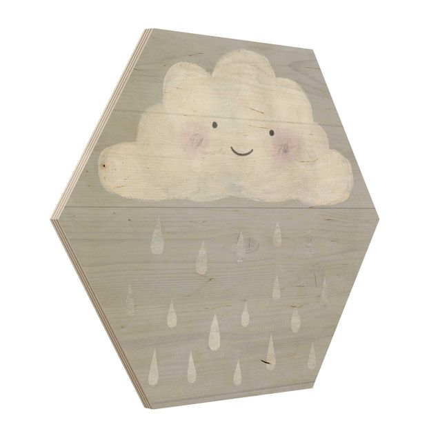 Hexagon Bild Holz - Wolke mit silbernen Regentropfen