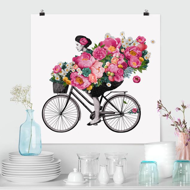 Blumenposter Illustration Frau auf Fahrrad Collage bunte Blumen