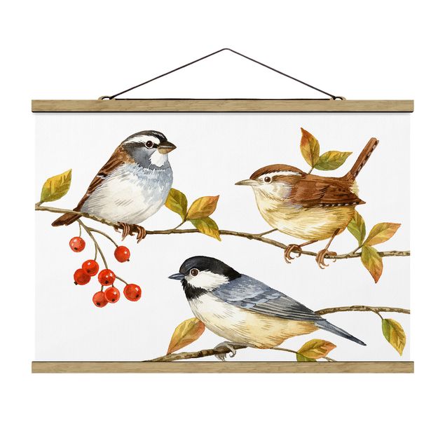 Stoffbild mit Posterleisten - Vögel und Beeren - Meisen - Querformat 3:2