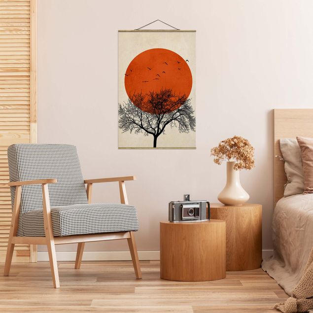Stoffbilder mit Holzleisten Vogelschwarm vor roter Sonne II