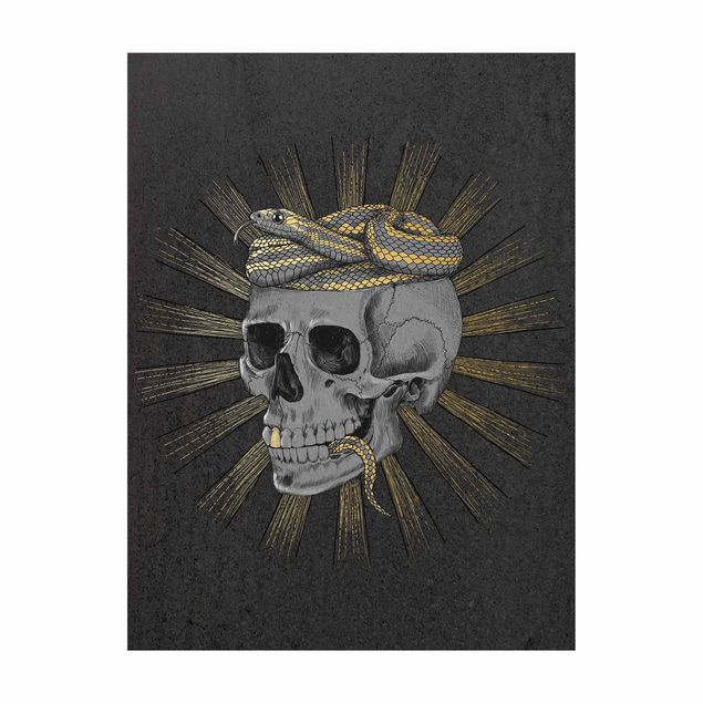 Schwarzer Teppich Illustration Totenkopf und Schlange Schwarz Gold