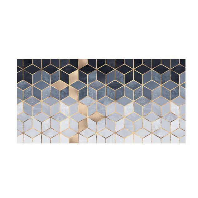 3D Teppich Blau Weiß goldene Geometrie
