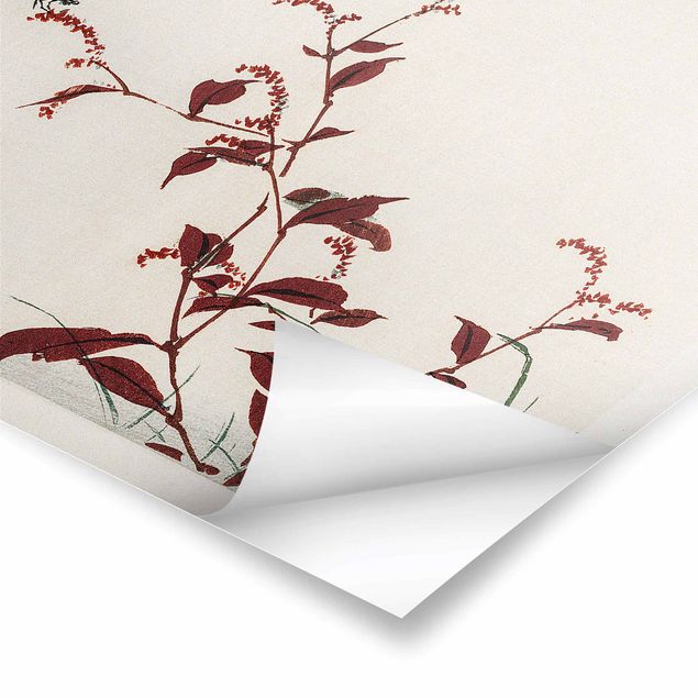 Poster - Asiatische Vintage Zeichnung Roter Zweig mit Libelle - Querformat 3:4