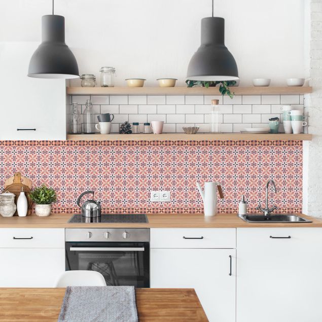 Küchenrückwand Muster Geometrischer Fliesenmix Blüte Orange
