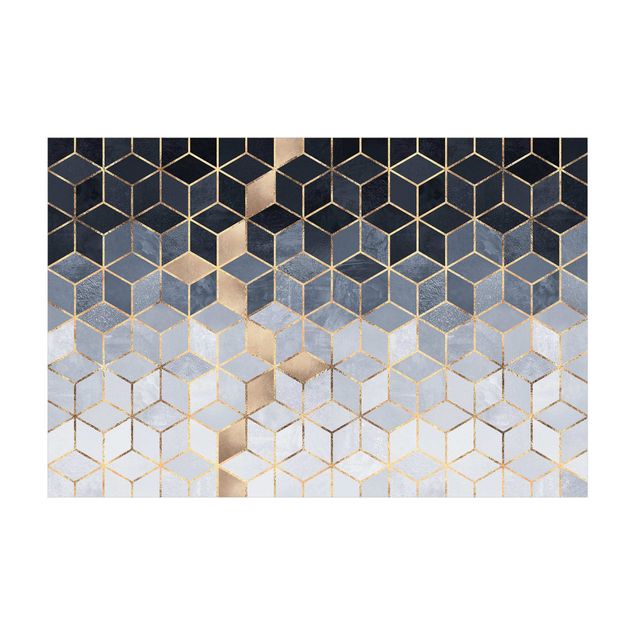 3D Teppich Blau Weiß goldene Geometrie