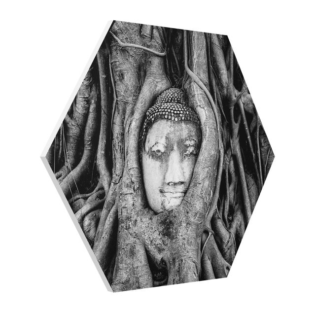 Hexagon Bild Forex - Buddha in Ayutthaya von Baumwurzeln gesäumt in Schwarzweiß