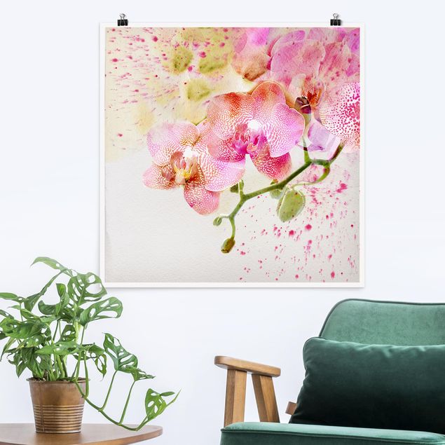 Poster - Aquarell Blumen Orchideen - Quadrat 1:1