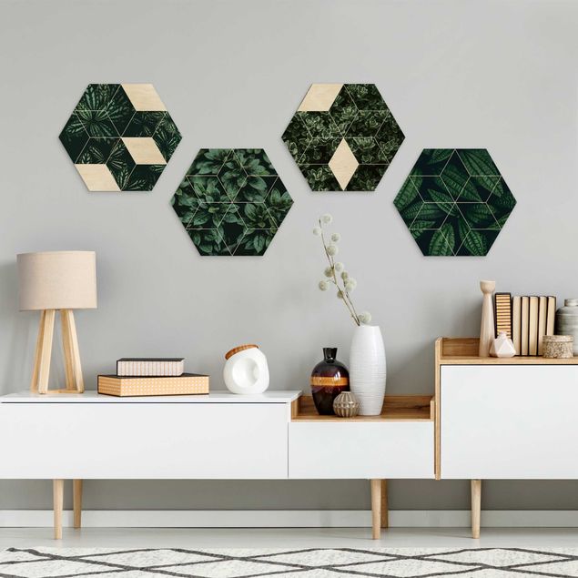 Bilder auf Holz Grüne Blätter Geometrie Set I