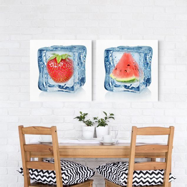 Wandbilder Erdbeere und Melone im Eiswürfel