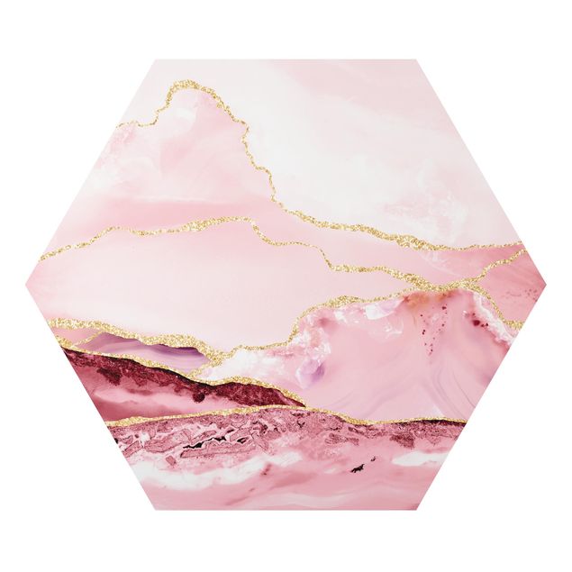 Hexagon Bild Alu-Dibond - Abstrakte Berge Rosa mit Goldenen Linien