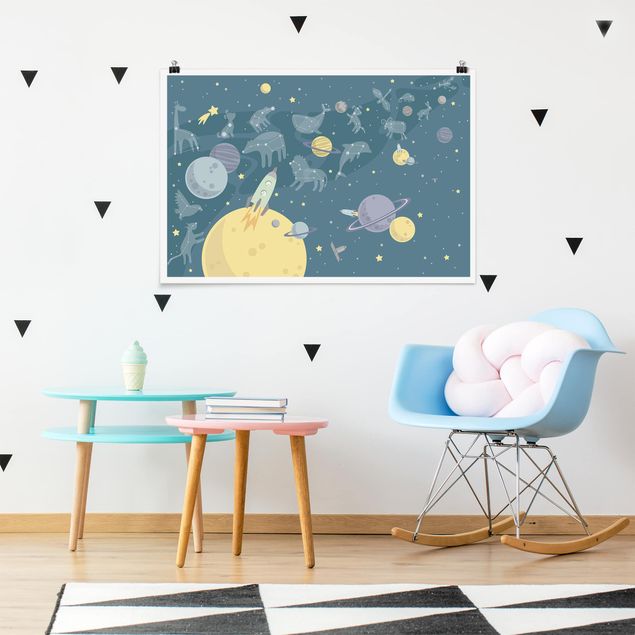 Poster Kinderzimmer Tiere Planeten mit Sternzeichen und Raketen