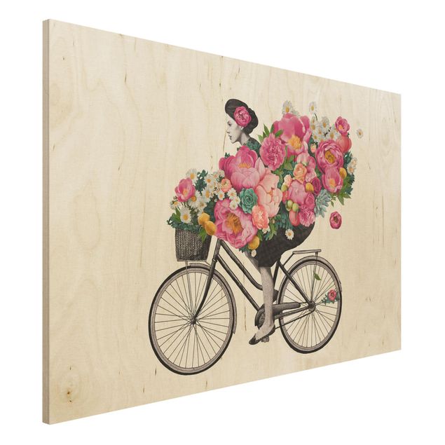 Holzbilder mit Blumen Illustration Frau auf Fahrrad Collage bunte Blumen