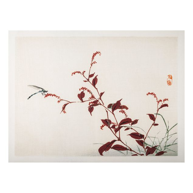 Wandbilder Asiatische Vintage Zeichnung Roter Zweig mit Libelle