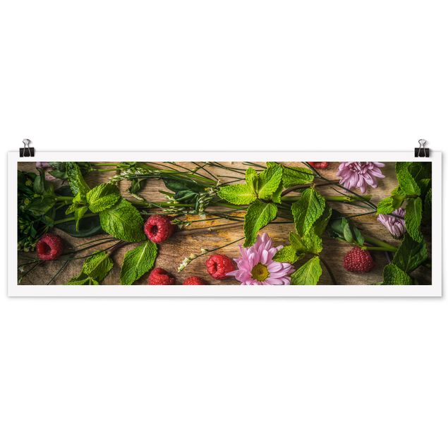 Poster - Blumen Himbeeren Minze - Panorama Querformat