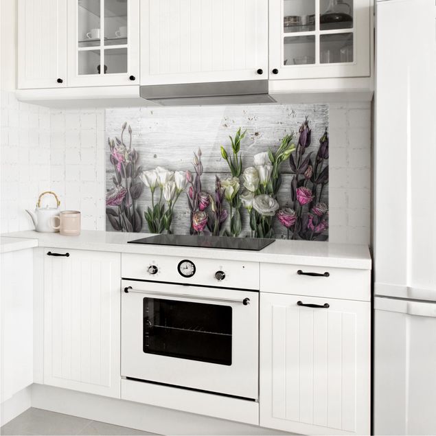 Küchenrückwand Glas Blumen Tulpen-Rose Shabby Holzoptik