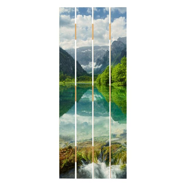 Holzbild - Bergsee mit Spiegelung - Hochformat 5:2