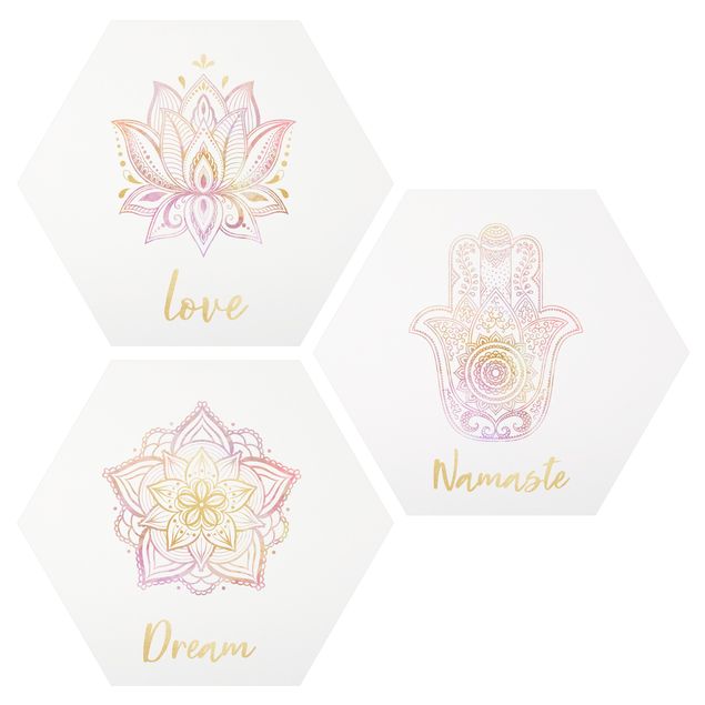 Hexagon Bild Forex 3-teilig - Mandala Namaste Lotus Set Gold Rosa
