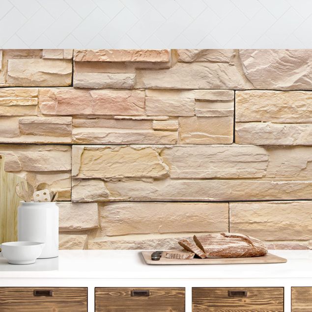 Küchenrückwände Platte Asian Stonewall - Große helle Steinmauer aus wohnlichen Steinen