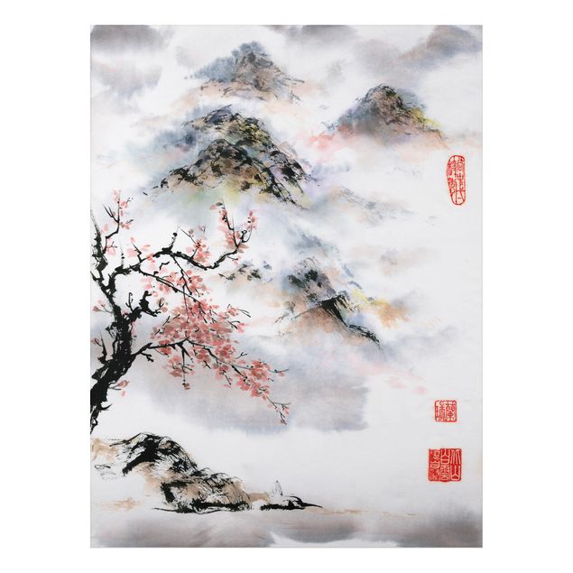 Alu Dibond Druck Japanische Aquarell Zeichnung Kirschbaum und Berge