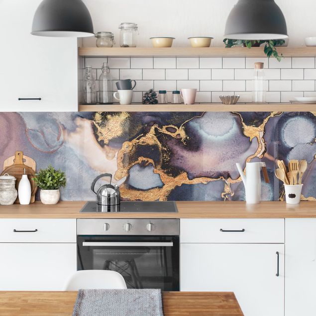 Küchenrückwand Folie Steinoptik Marmor Aquarell mit Gold