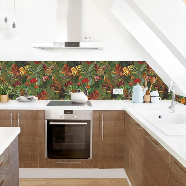 Küchenrückwand Gräser Tropische Blumen mit Affen II