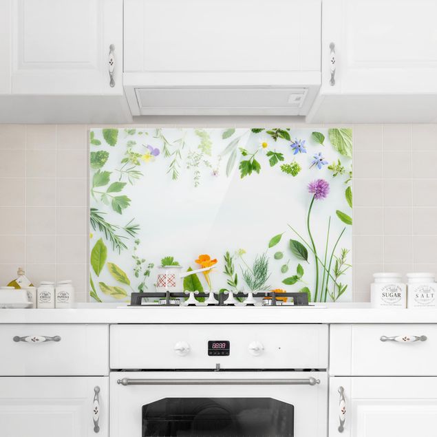 Küchenrückwand Glas Motiv Blumen Kräuter und Blüten
