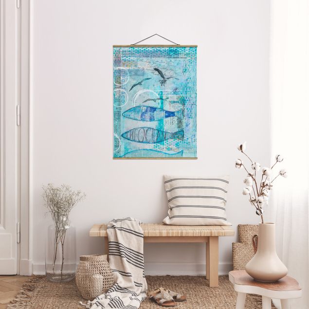 Schöne Wandbilder Bunte Collage - Blaue Fische
