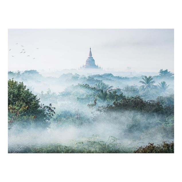Alu Dibond Druck Morgennebel über dem Dschungel von Bagan